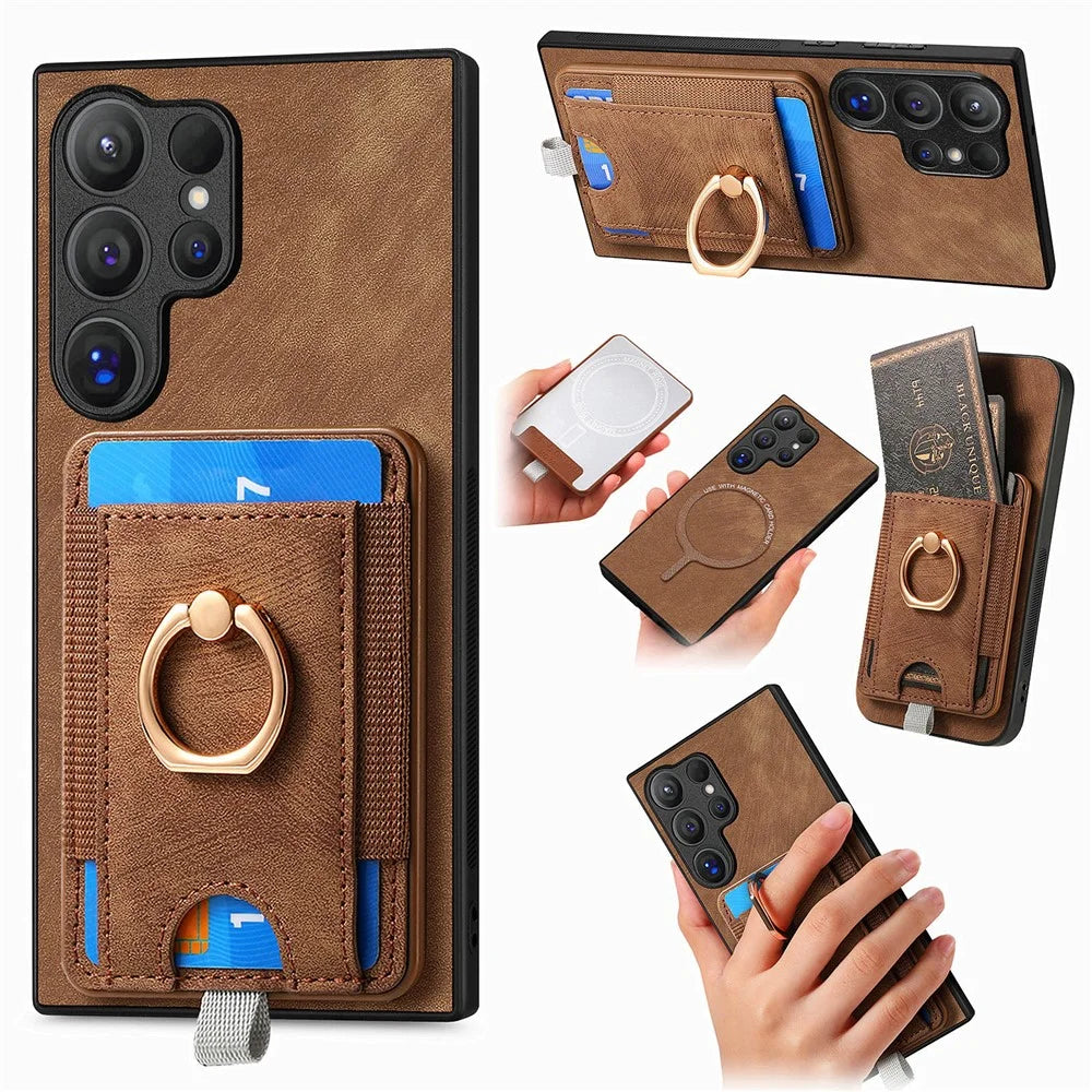 For Samsung Galaxy S26 Ultra Magnetic Case PU Leather Back Cover with Detachable Card Holder - Brown - 1