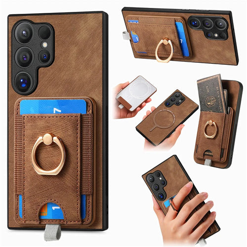 For Samsung Galaxy S26 Ultra Magnetic Case PU Leather Back Cover with Detachable Card Holder - Brown - 1