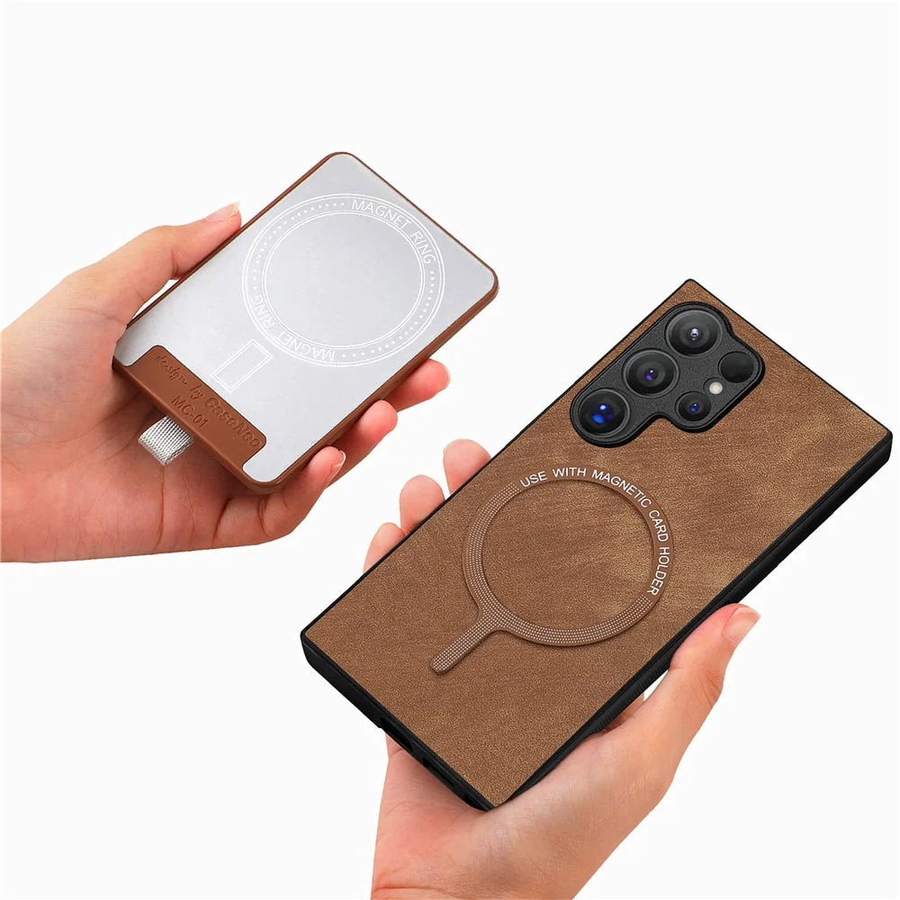 For Samsung Galaxy S26 Ultra Magnetic Case PU Leather Back Cover with Detachable Card Holder - Brown - 6