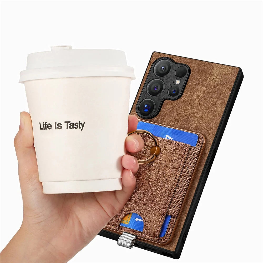 For Samsung Galaxy S26 Ultra Magnetic Case PU Leather Back Cover with Detachable Card Holder - Brown - 7