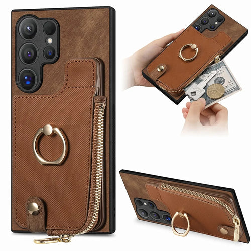 For Samsung Galaxy S26 Ultra Leather Phone Back Cover with Zipper Wallet and Ring Kickstand - Brown - 1