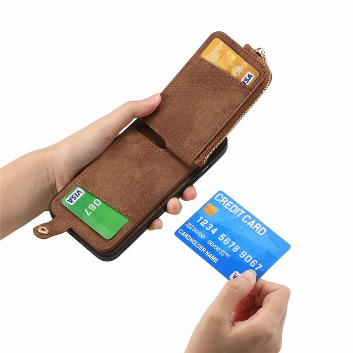 For Samsung Galaxy S26 Ultra Leather Phone Back Cover with Zipper Wallet and Ring Kickstand - Brown - 4