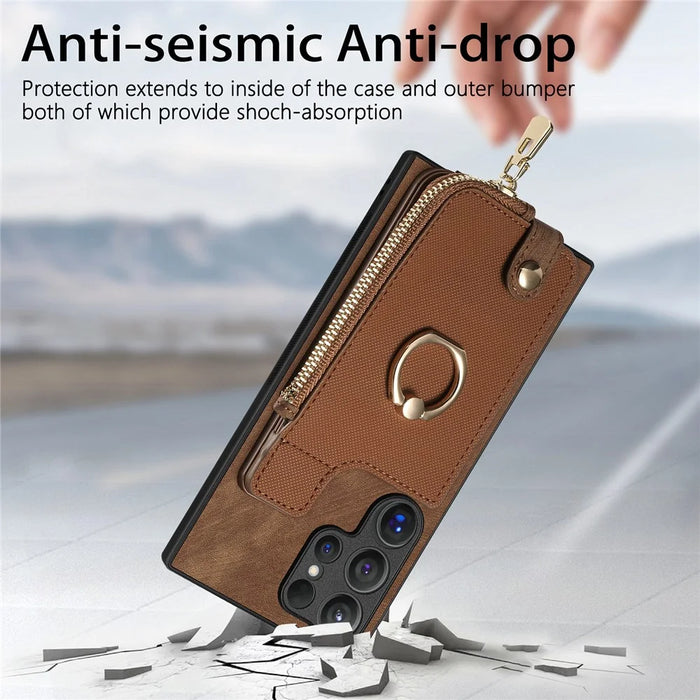For Samsung Galaxy S26 Ultra Leather Phone Back Cover with Zipper Wallet and Ring Kickstand - Brown - 6