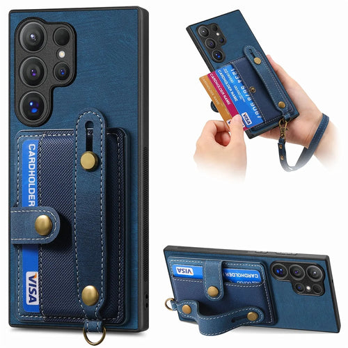 For Samsung Galaxy S26 Ultra Case Wristband Kickstand PU Leather Retro Back Cover Card Holder - Blue - 1