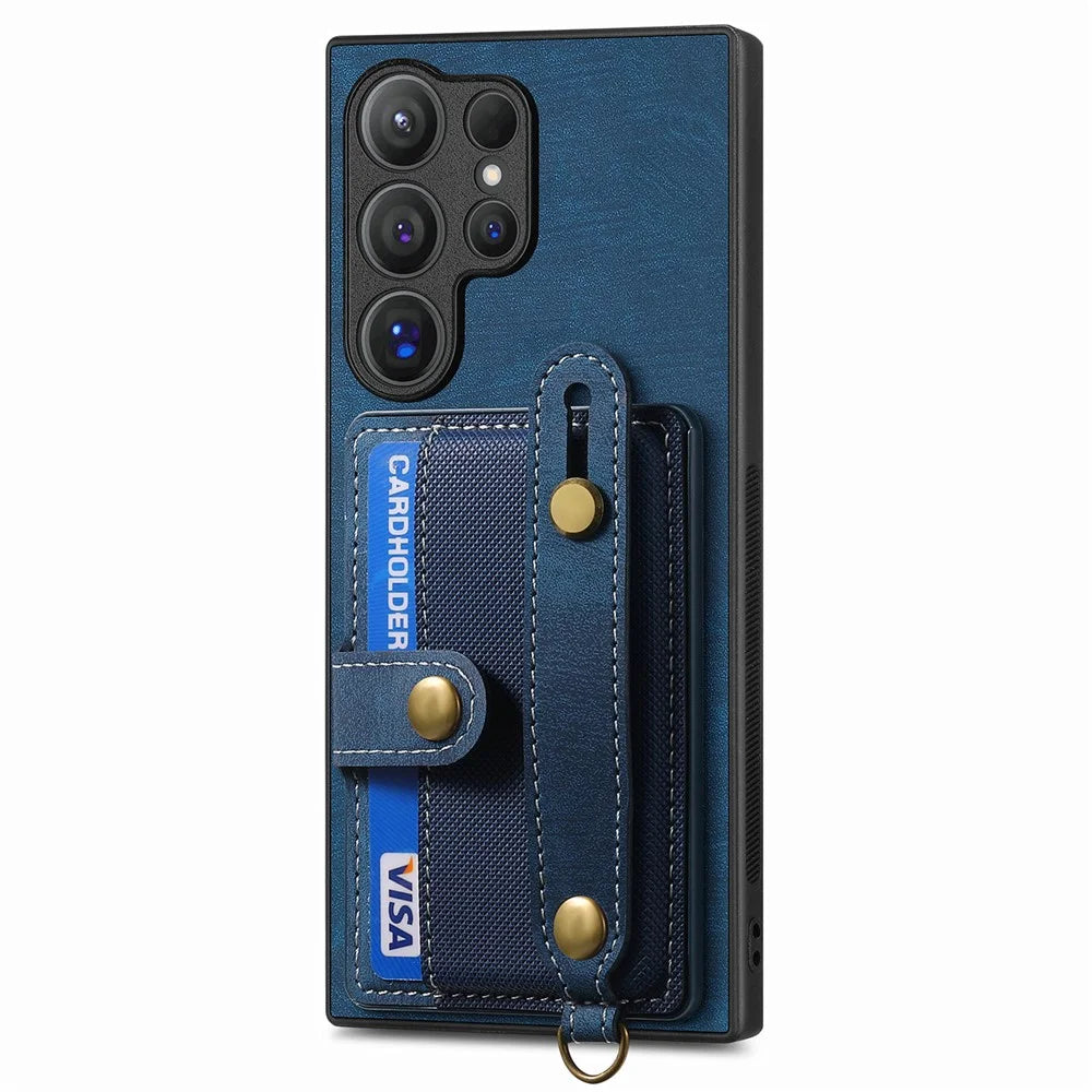 For Samsung Galaxy S26 Ultra Case Wristband Kickstand PU Leather Retro Back Cover Card Holder - Blue - 2