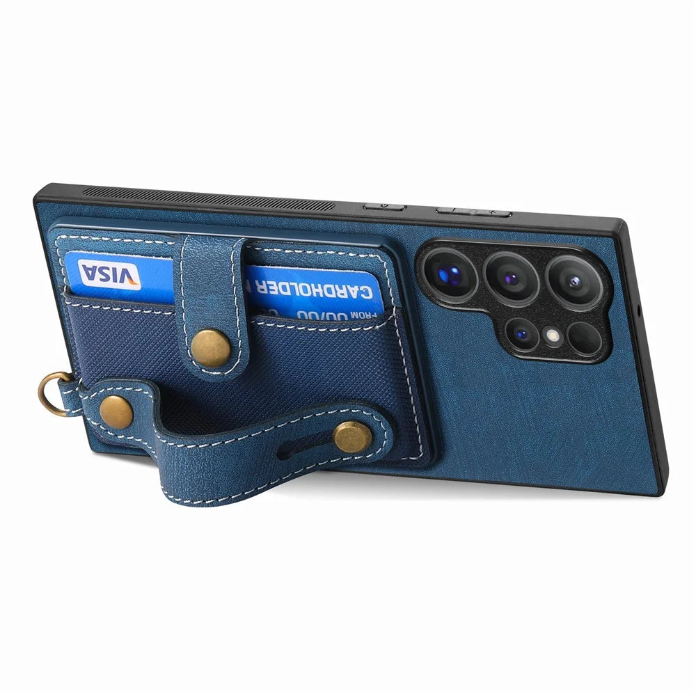 For Samsung Galaxy S26 Ultra Case Wristband Kickstand PU Leather Retro Back Cover Card Holder - Blue - 3