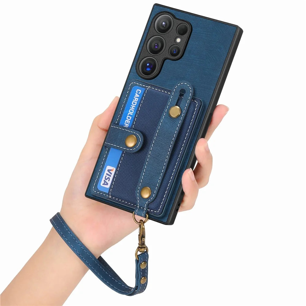 For Samsung Galaxy S26 Ultra Case Wristband Kickstand PU Leather Retro Back Cover Card Holder - Blue - 4