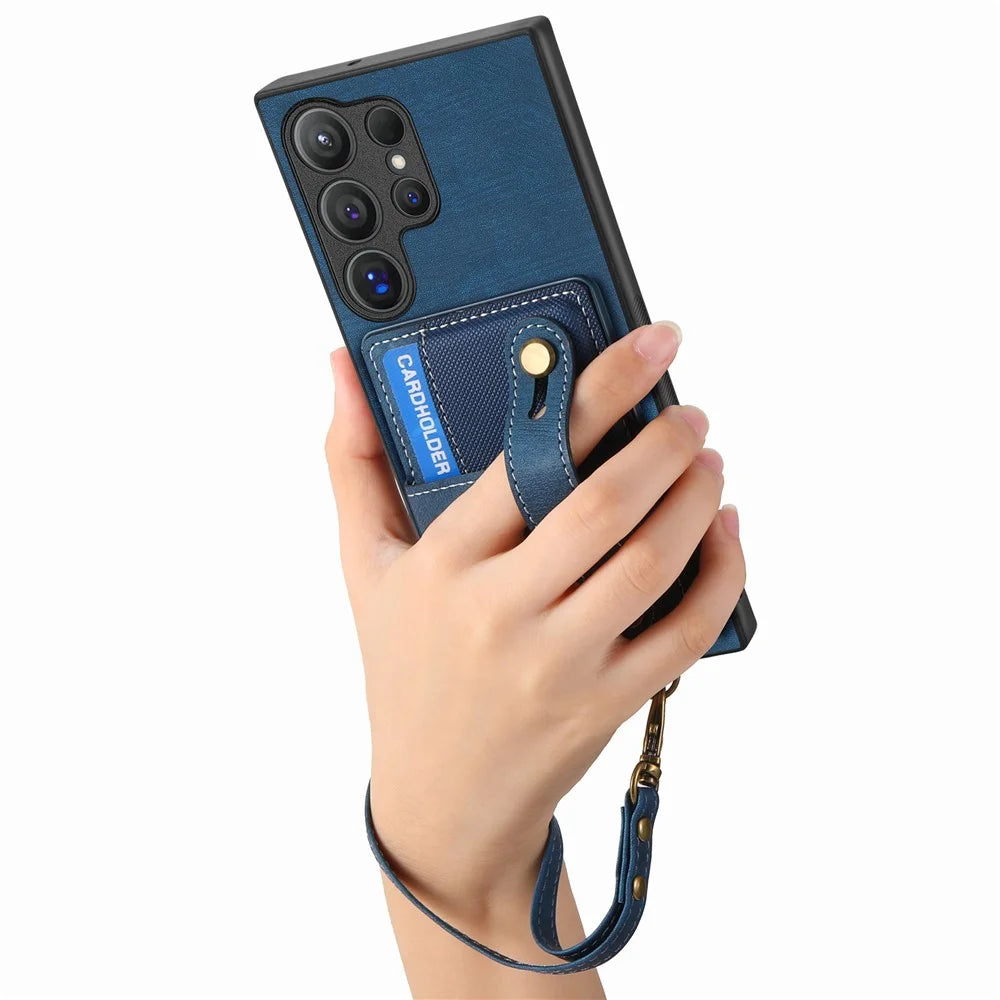 For Samsung Galaxy S26 Ultra Case Wristband Kickstand PU Leather Retro Back Cover Card Holder - Blue - 5