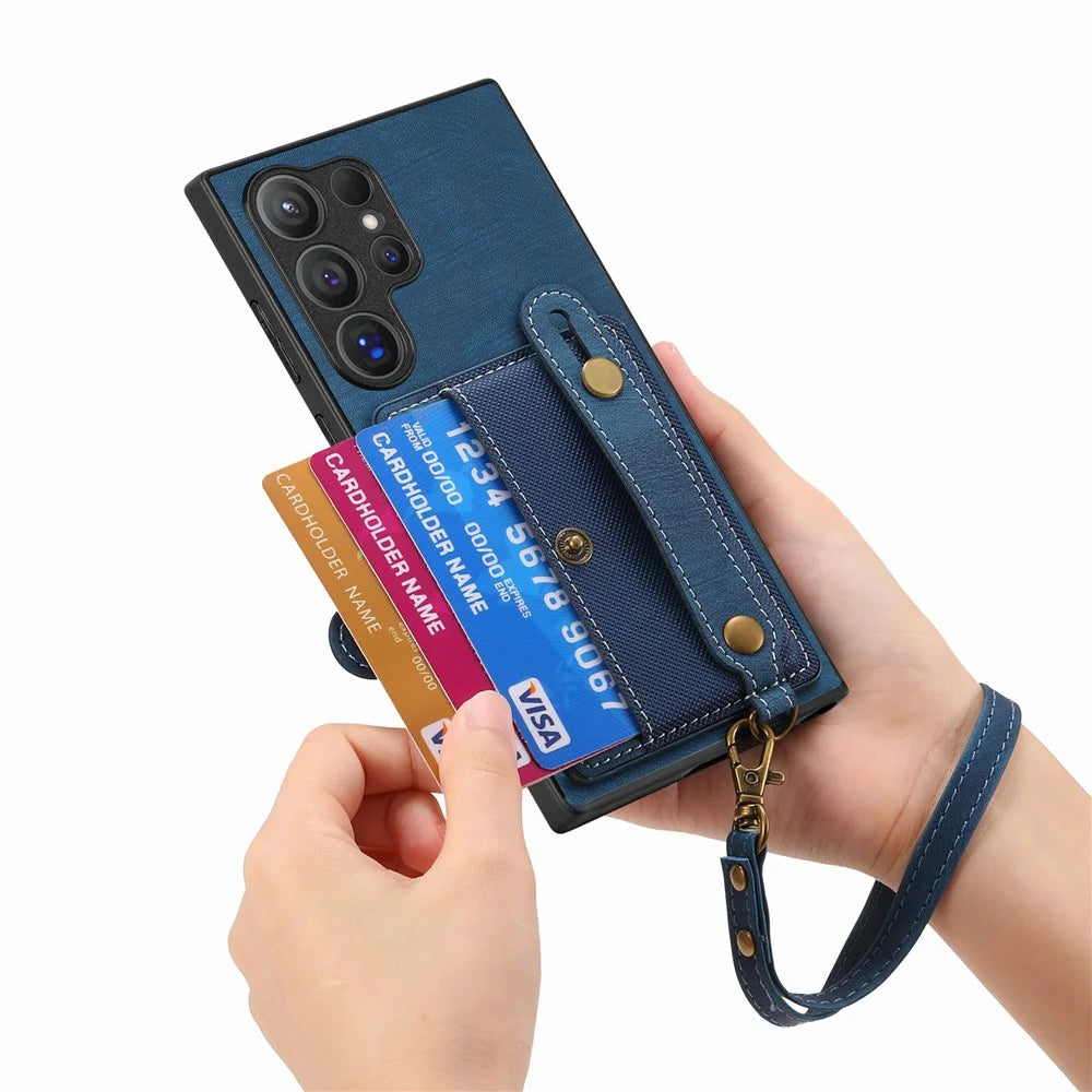 For Samsung Galaxy S26 Ultra Case Wristband Kickstand PU Leather Retro Back Cover Card Holder - Blue - 6