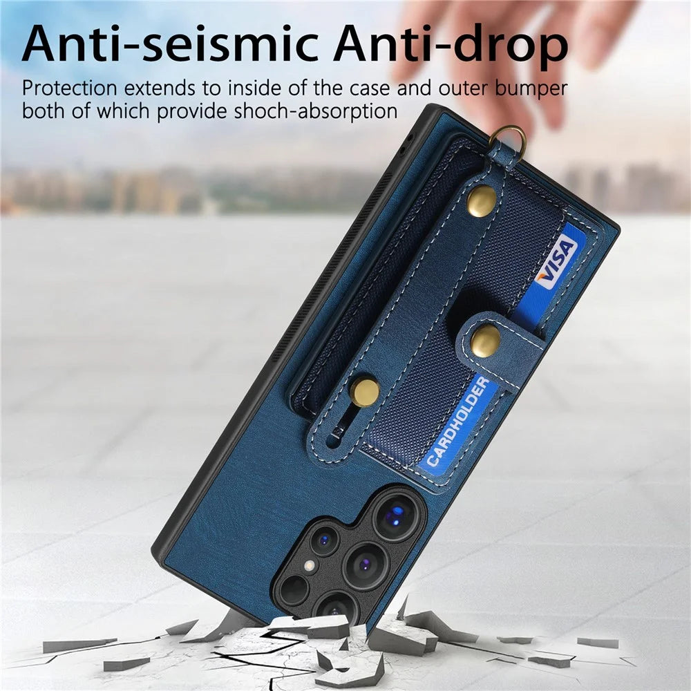 For Samsung Galaxy S26 Ultra Case Wristband Kickstand PU Leather Retro Back Cover Card Holder - Blue - 7