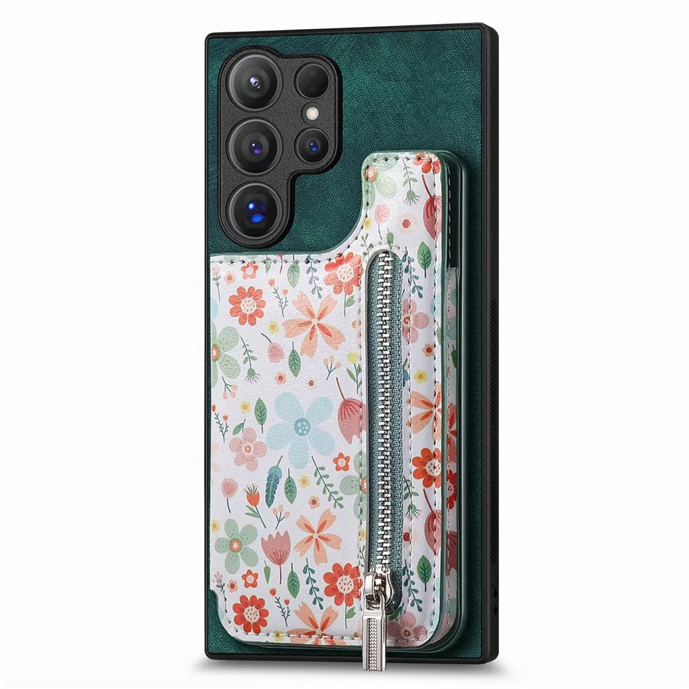 For Samsung Galaxy S26 Ultra Leather Phone Cover with RFID Blocking Zipper Card Bag Kickstand - Green - 1