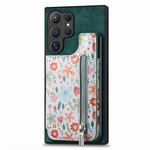 For Samsung Galaxy S26 Ultra Leather Phone Cover with RFID Blocking Zipper Card Bag Kickstand - Green - 1