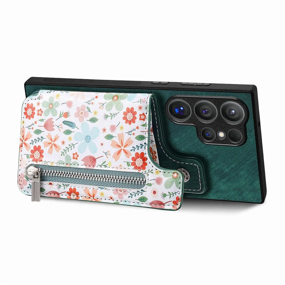 For Samsung Galaxy S26 Ultra Leather Phone Cover with RFID Blocking Zipper Card Bag Kickstand - Green - 2