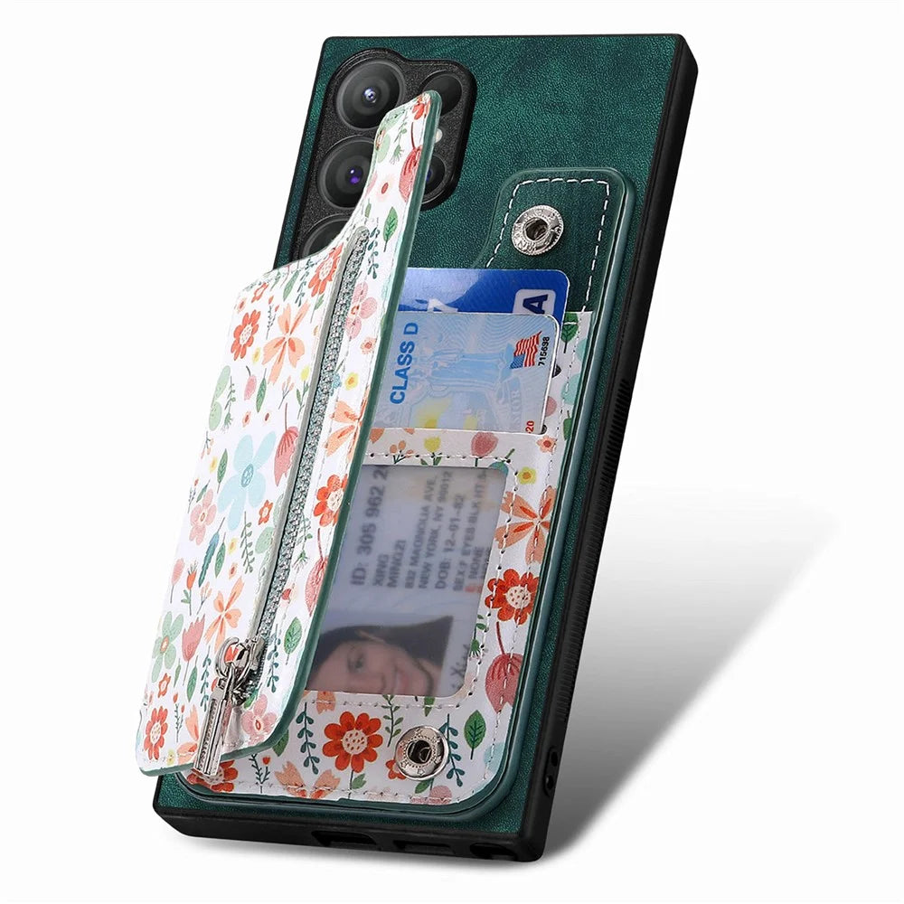 For Samsung Galaxy S26 Ultra Leather Phone Cover with RFID Blocking Zipper Card Bag Kickstand - Green - 3