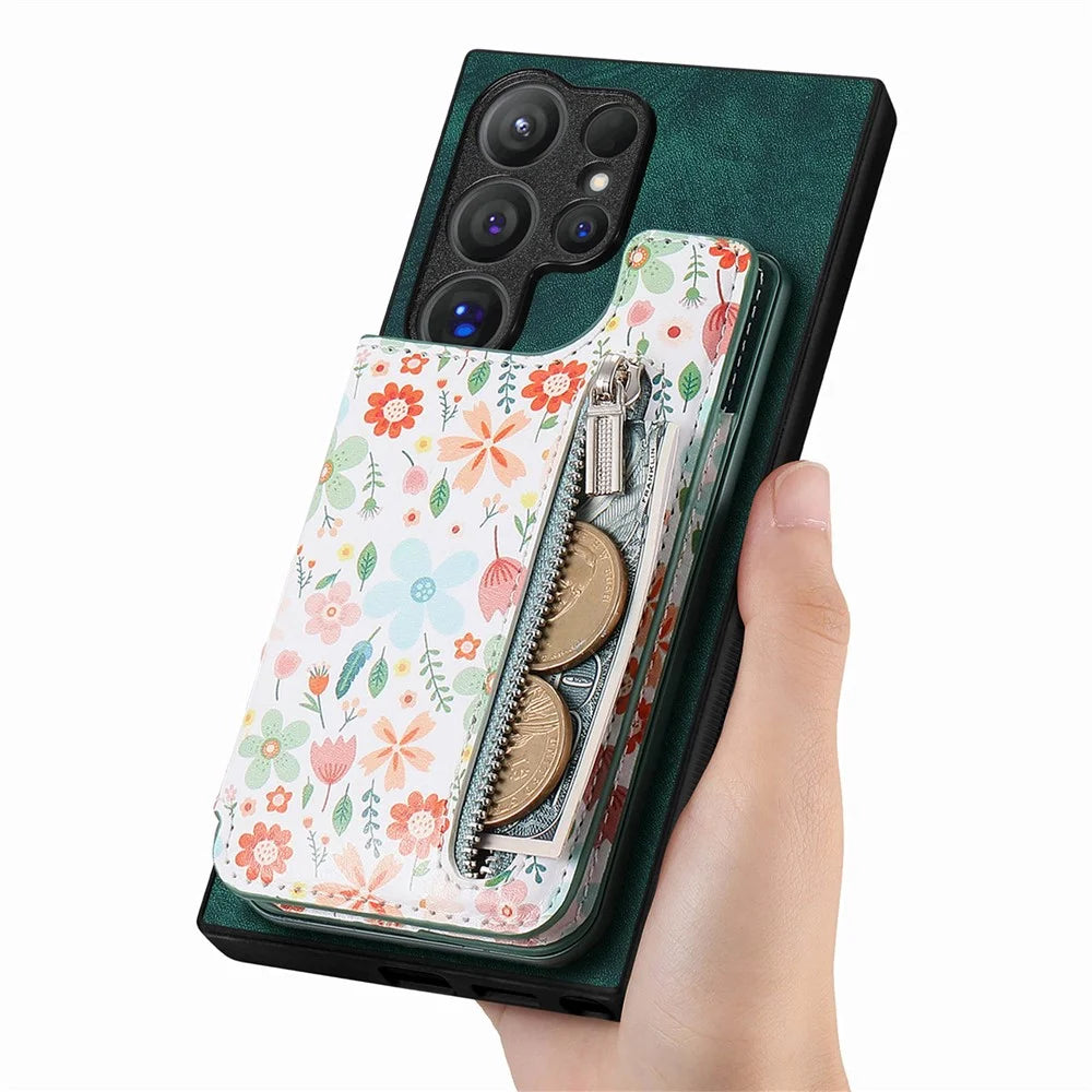 For Samsung Galaxy S26 Ultra Leather Phone Cover with RFID Blocking Zipper Card Bag Kickstand - Green - 4