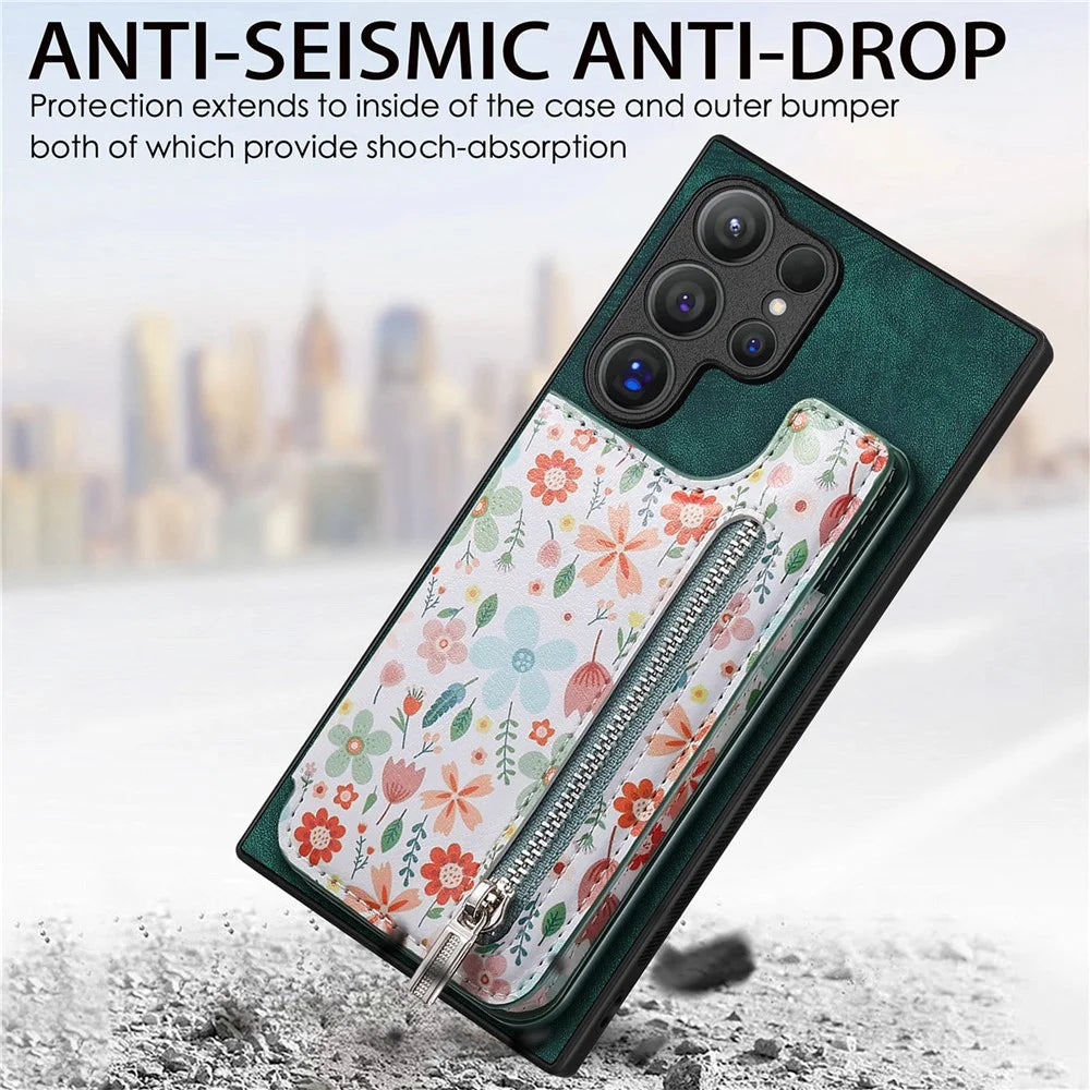 For Samsung Galaxy S26 Ultra Leather Phone Cover with RFID Blocking Zipper Card Bag Kickstand - Green - 5