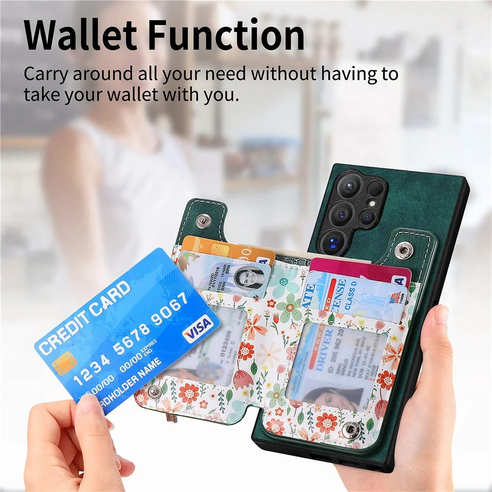 For Samsung Galaxy S26 Ultra Leather Phone Cover with RFID Blocking Zipper Card Bag Kickstand - Green - 6
