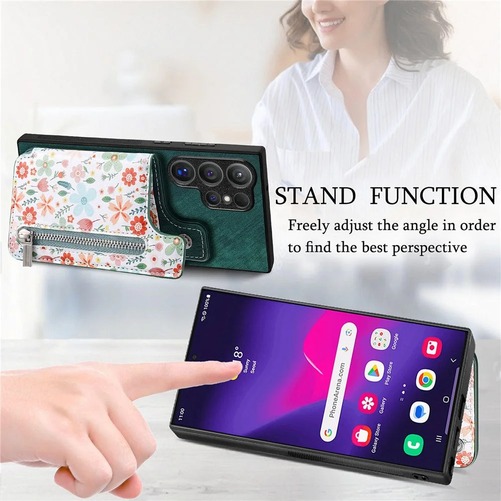 For Samsung Galaxy S26 Ultra Leather Phone Cover with RFID Blocking Zipper Card Bag Kickstand - Green - 7