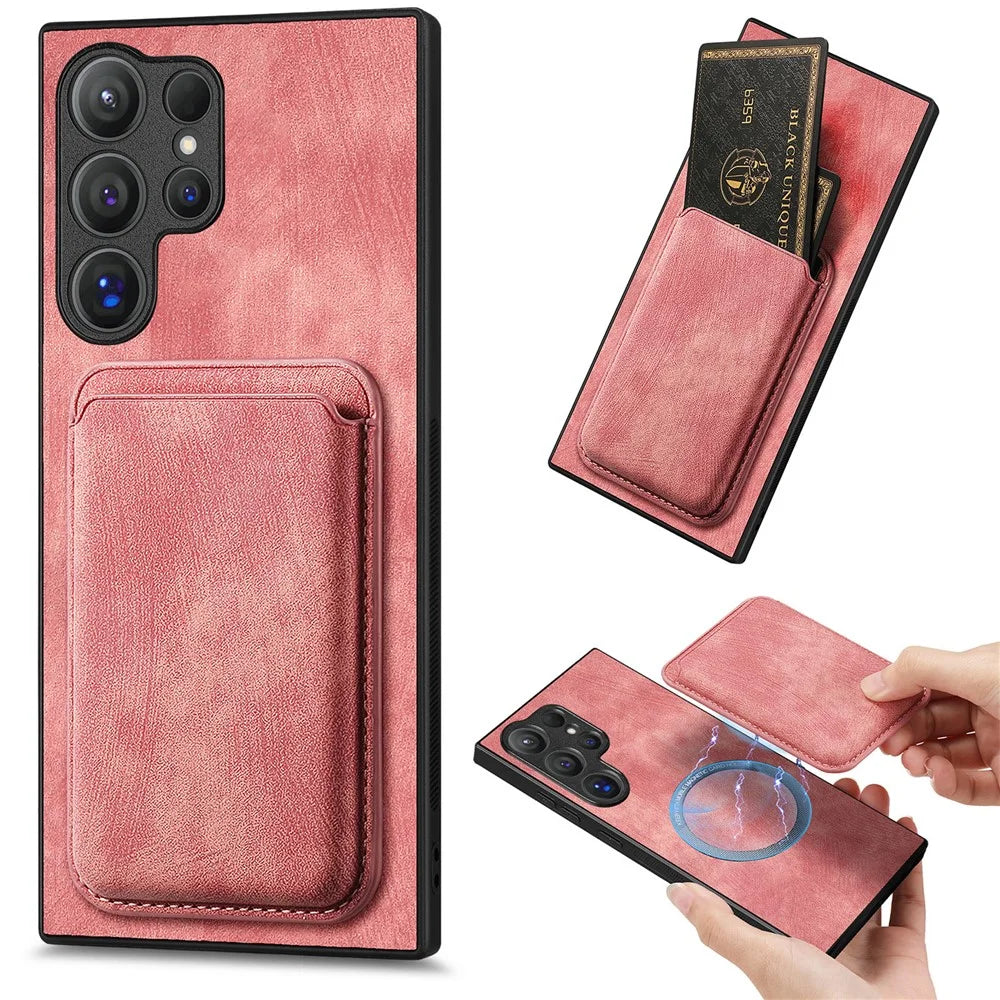 For Samsung Galaxy S26 Ultra Magnetic Case Retro Leather + TPU Phone Cover with Detachable Card Slot - Pink - 1