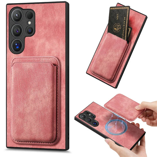 For Samsung Galaxy S26 Ultra Magnetic Case Retro Leather + TPU Phone Cover with Detachable Card Slot - Pink - 1