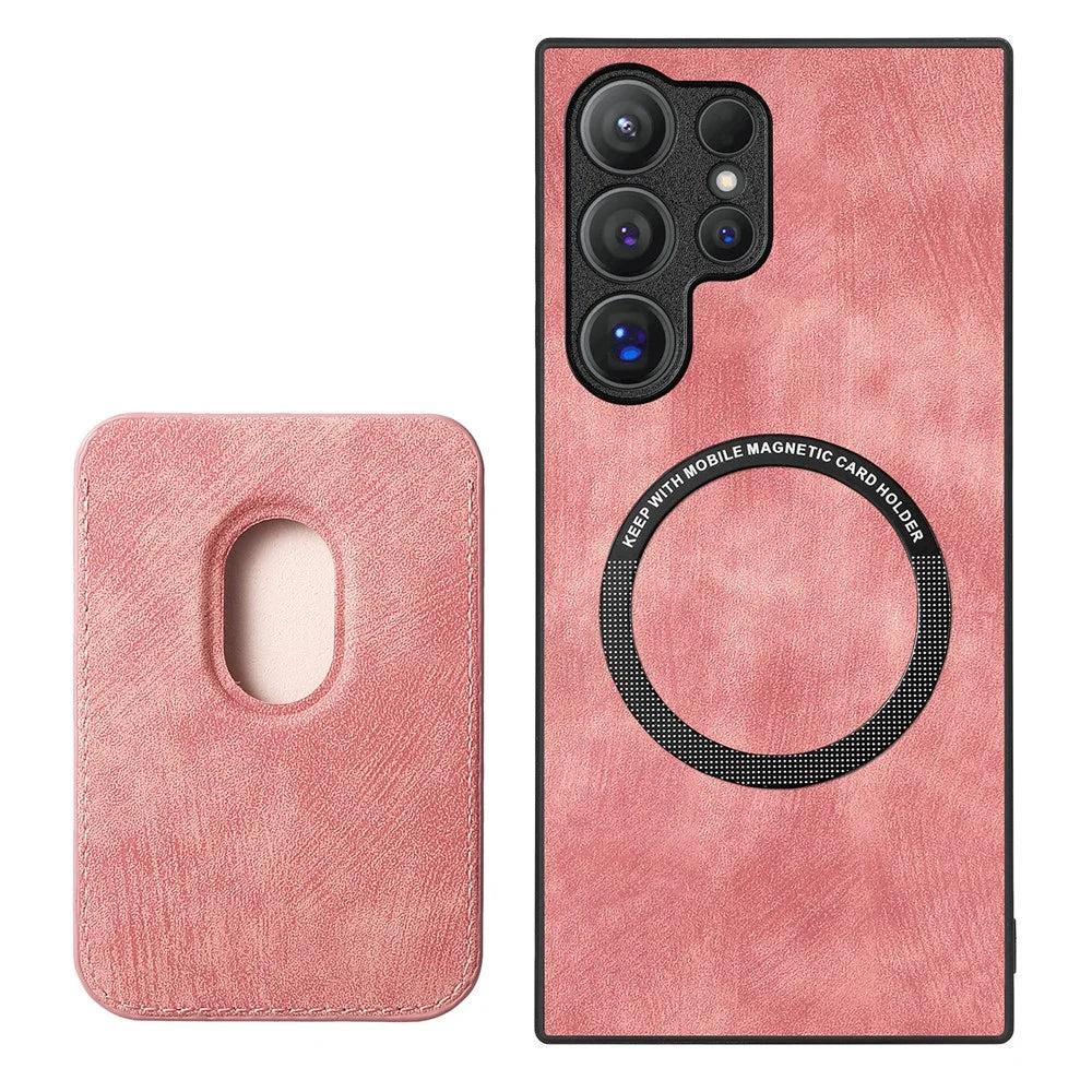 For Samsung Galaxy S26 Ultra Magnetic Case Retro Leather + TPU Phone Cover with Detachable Card Slot - Pink - 3