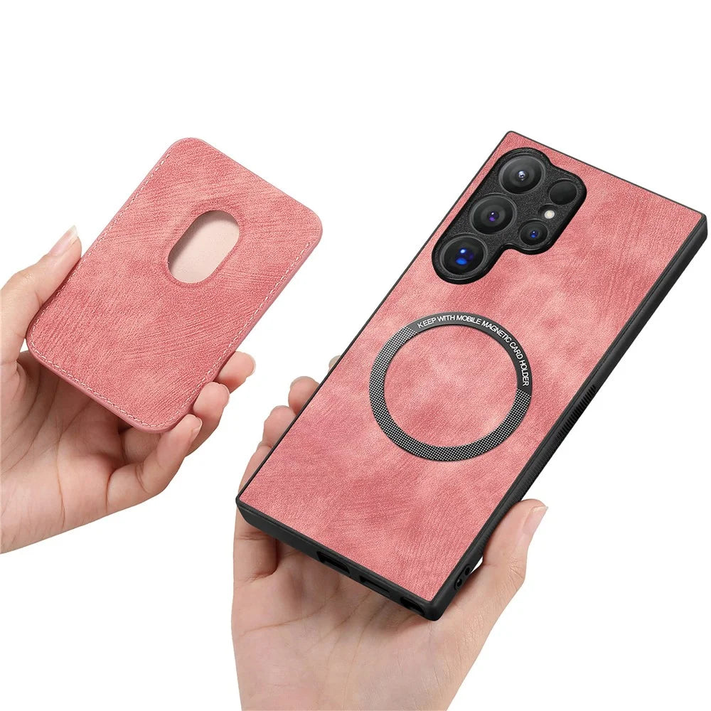 For Samsung Galaxy S26 Ultra Magnetic Case Retro Leather + TPU Phone Cover with Detachable Card Slot - Pink - 4