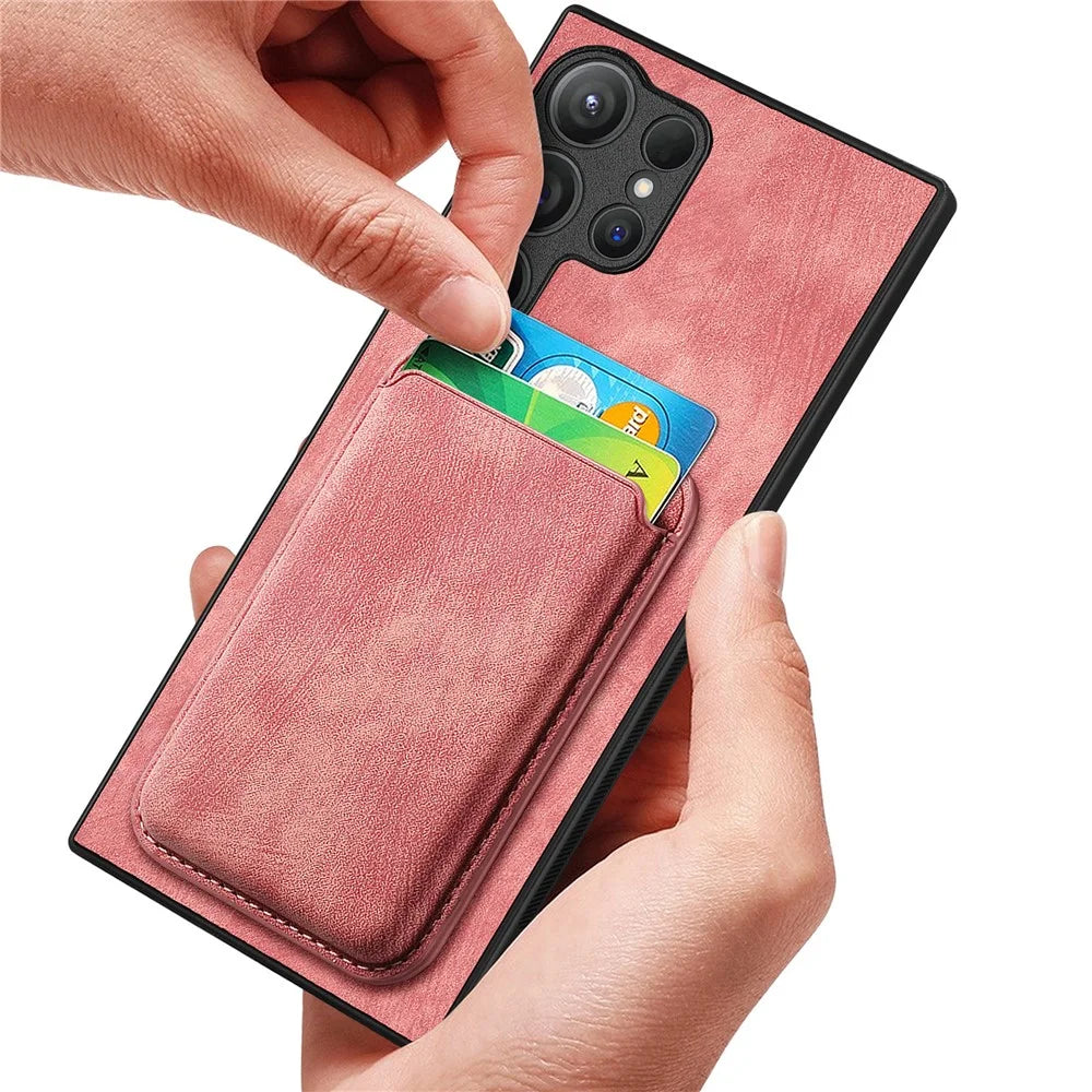 For Samsung Galaxy S26 Ultra Magnetic Case Retro Leather + TPU Phone Cover with Detachable Card Slot - Pink - 5