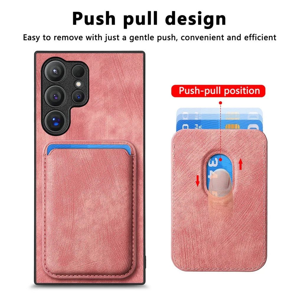 For Samsung Galaxy S26 Ultra Magnetic Case Retro Leather + TPU Phone Cover with Detachable Card Slot - Pink - 6