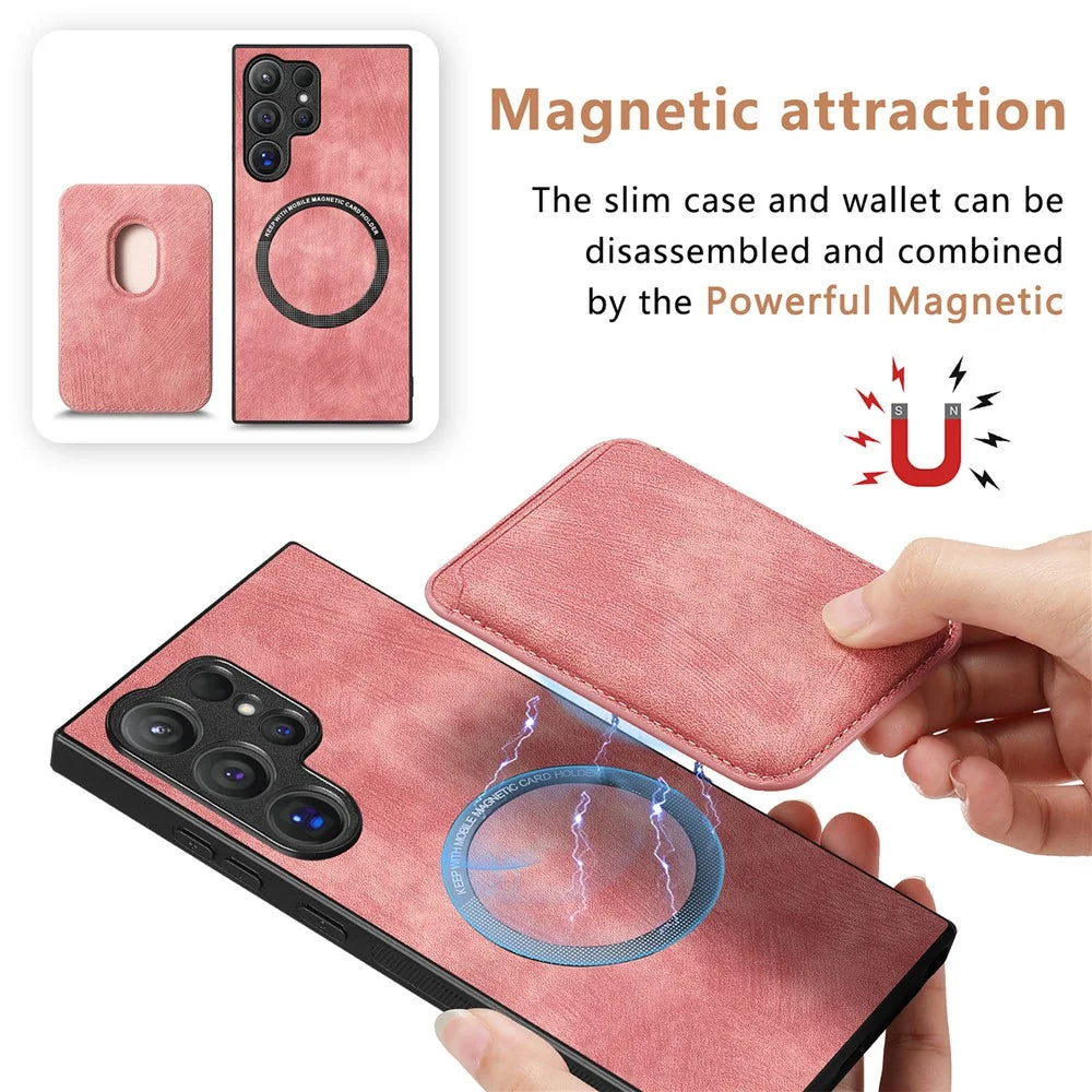 For Samsung Galaxy S26 Ultra Magnetic Case Retro Leather + TPU Phone Cover with Detachable Card Slot - Pink - 7