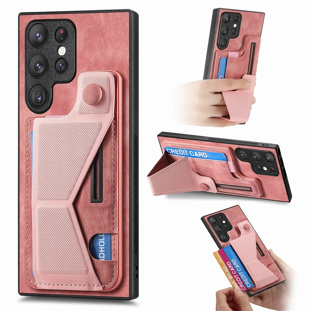 For Samsung Galaxy S26 Ultra Case with Card Slot Kickstand Retro Leather Back Cover - Pink - 1