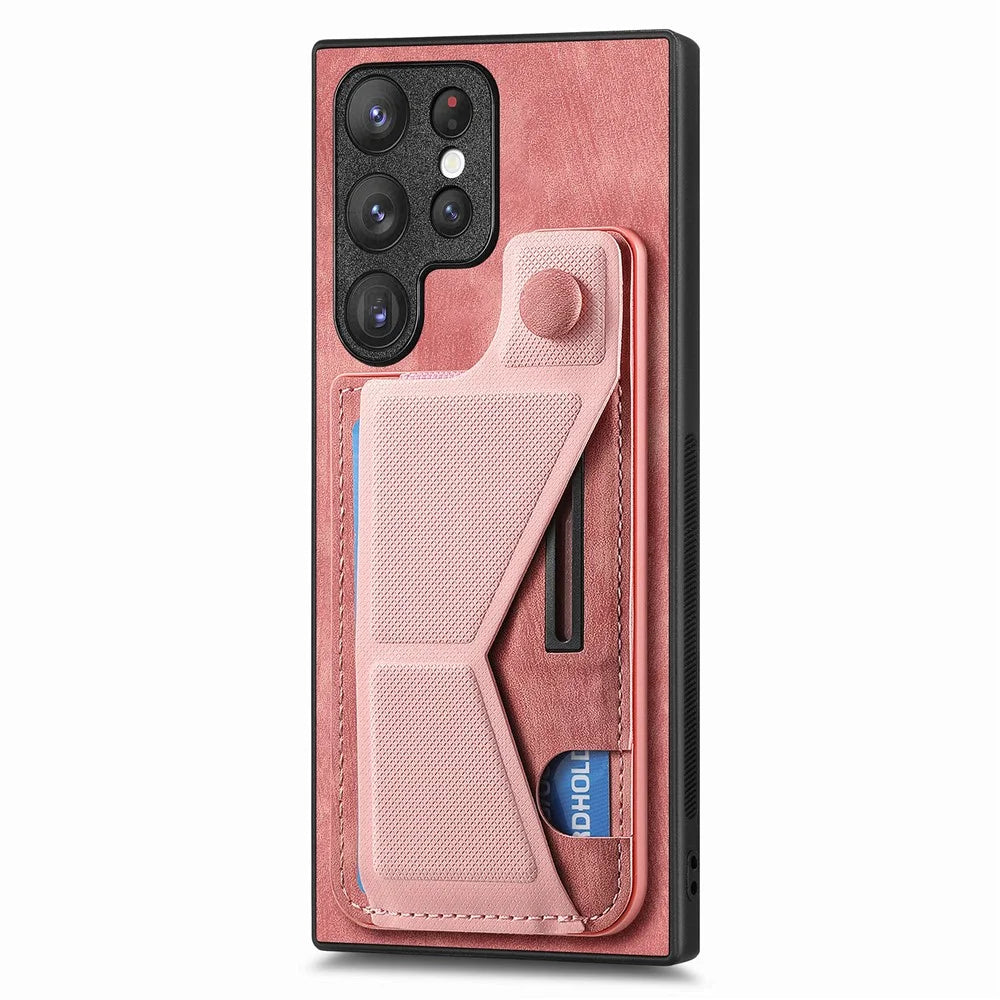 For Samsung Galaxy S26 Ultra Case with Card Slot Kickstand Retro Leather Back Cover - Pink - 2