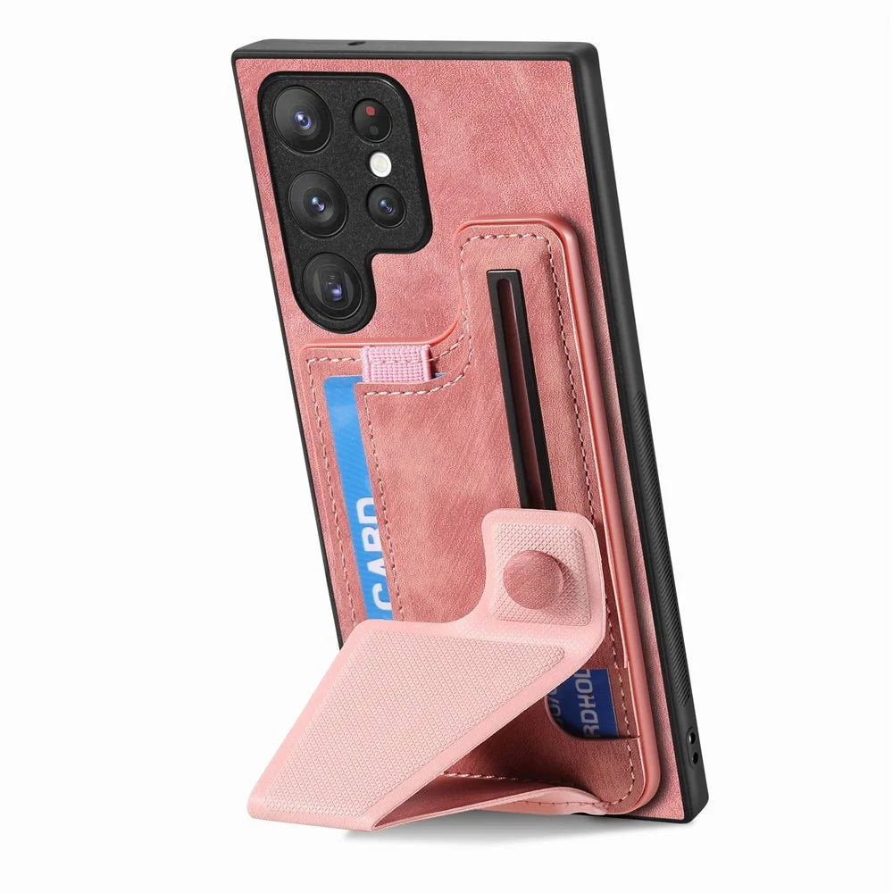 For Samsung Galaxy S26 Ultra Case with Card Slot Kickstand Retro Leather Back Cover - Pink - 3