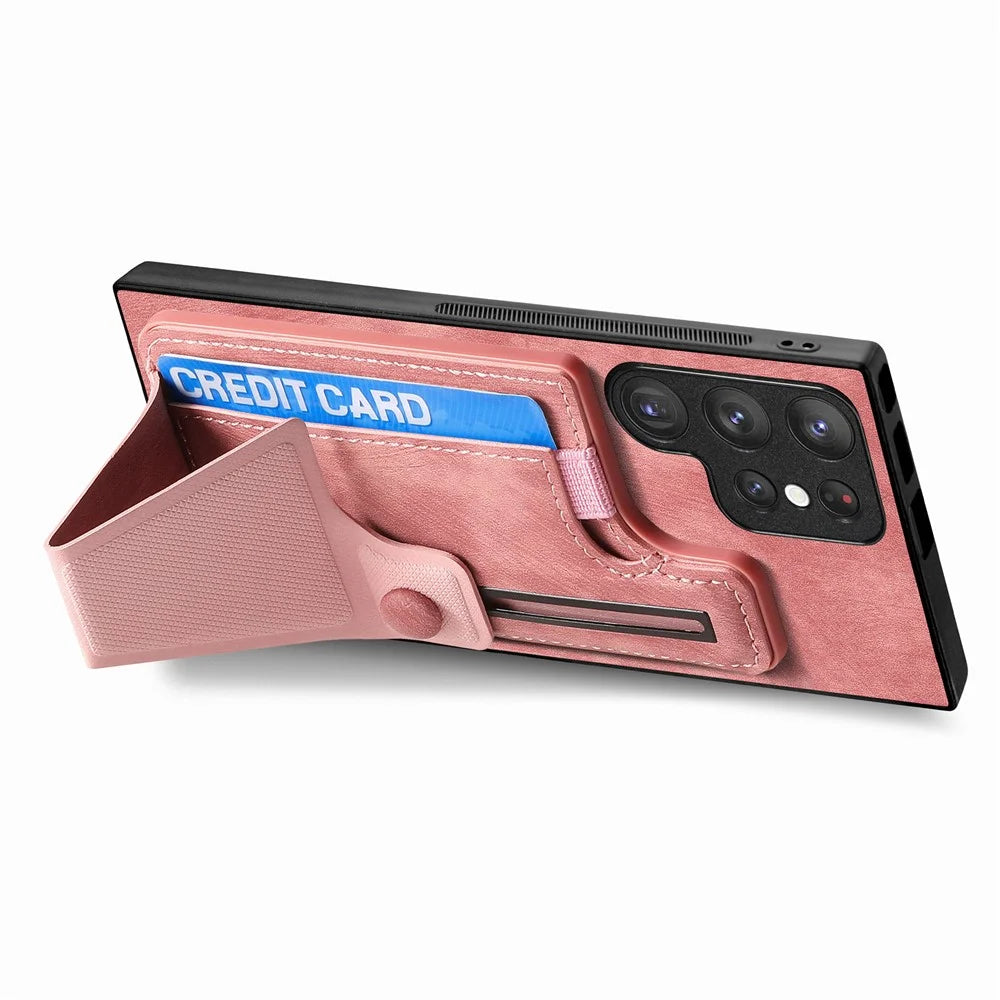 For Samsung Galaxy S26 Ultra Case with Card Slot Kickstand Retro Leather Back Cover - Pink - 4