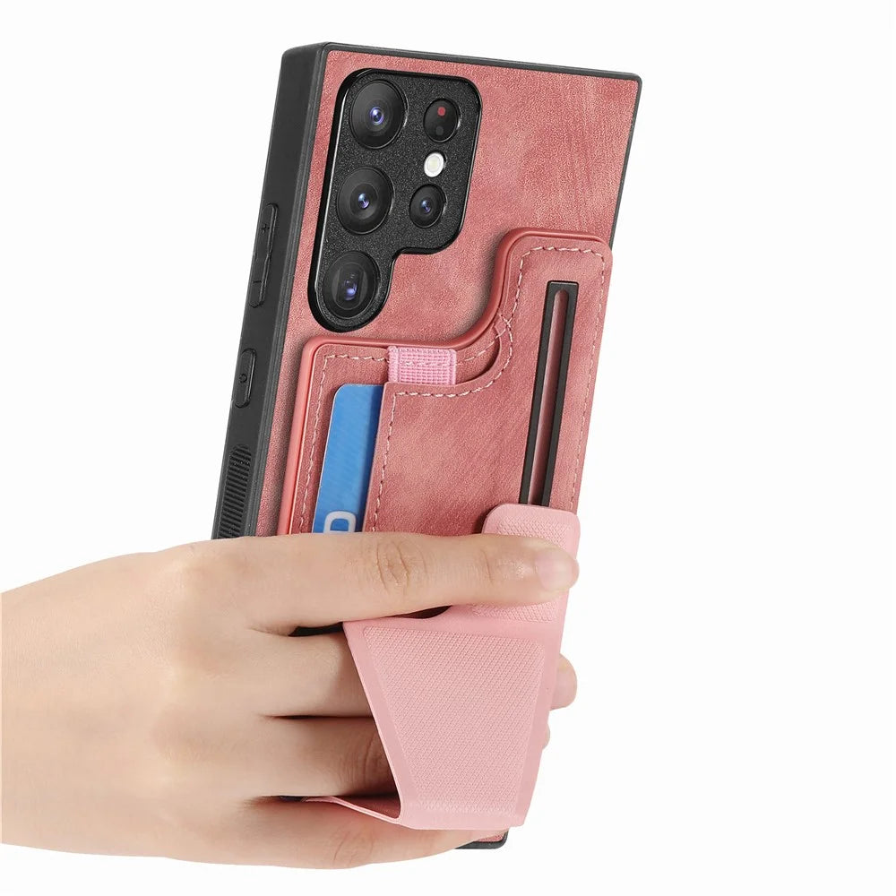 For Samsung Galaxy S26 Ultra Case with Card Slot Kickstand Retro Leather Back Cover - Pink - 5