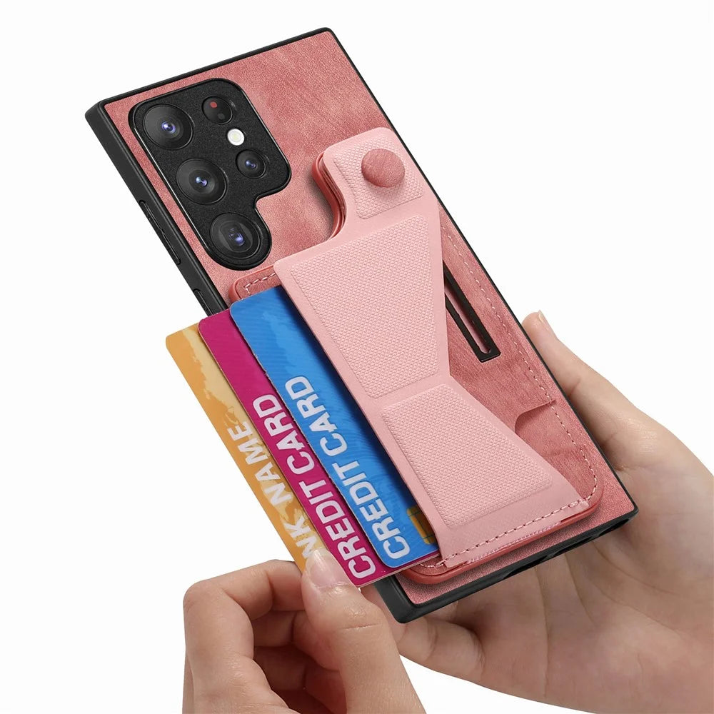 For Samsung Galaxy S26 Ultra Case with Card Slot Kickstand Retro Leather Back Cover - Pink - 6