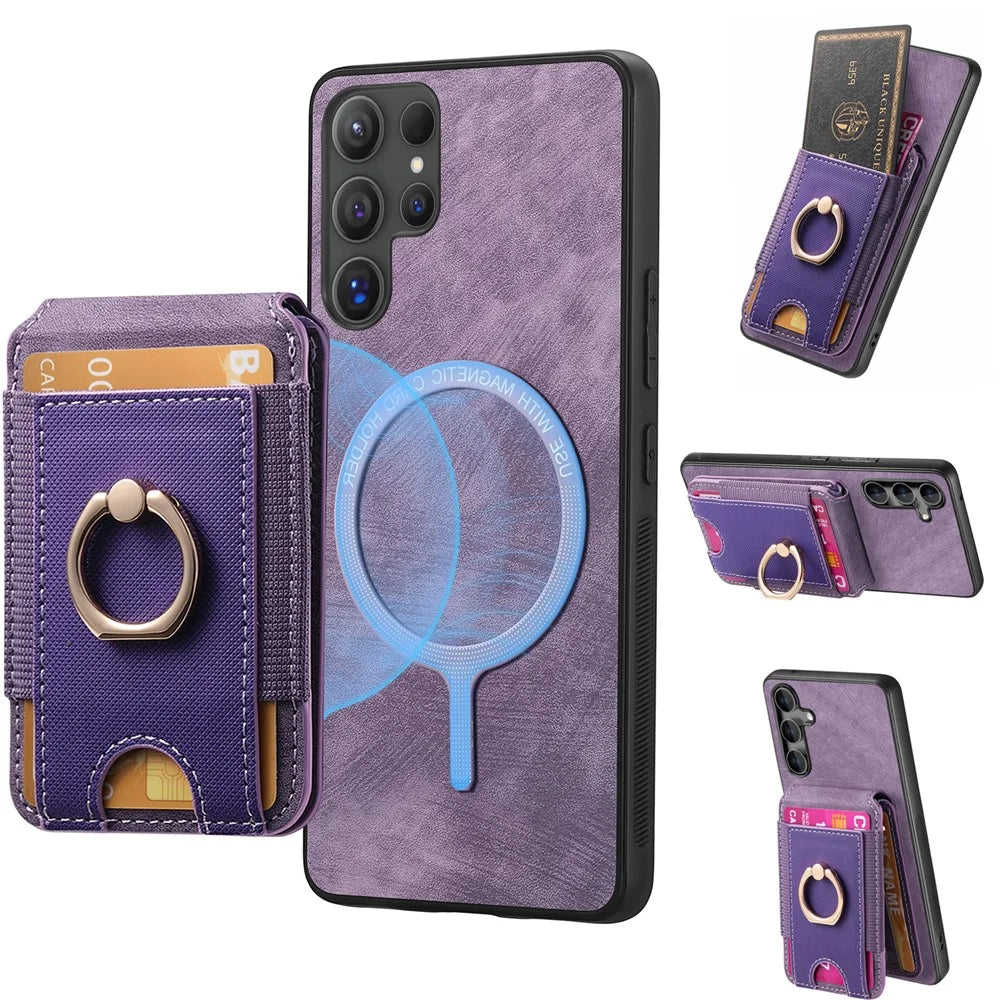 For Samsung Galaxy S26 Ultra Magnetic Case Leather Back Cover with Detachable Card Holder Kickstand - Purple - 1