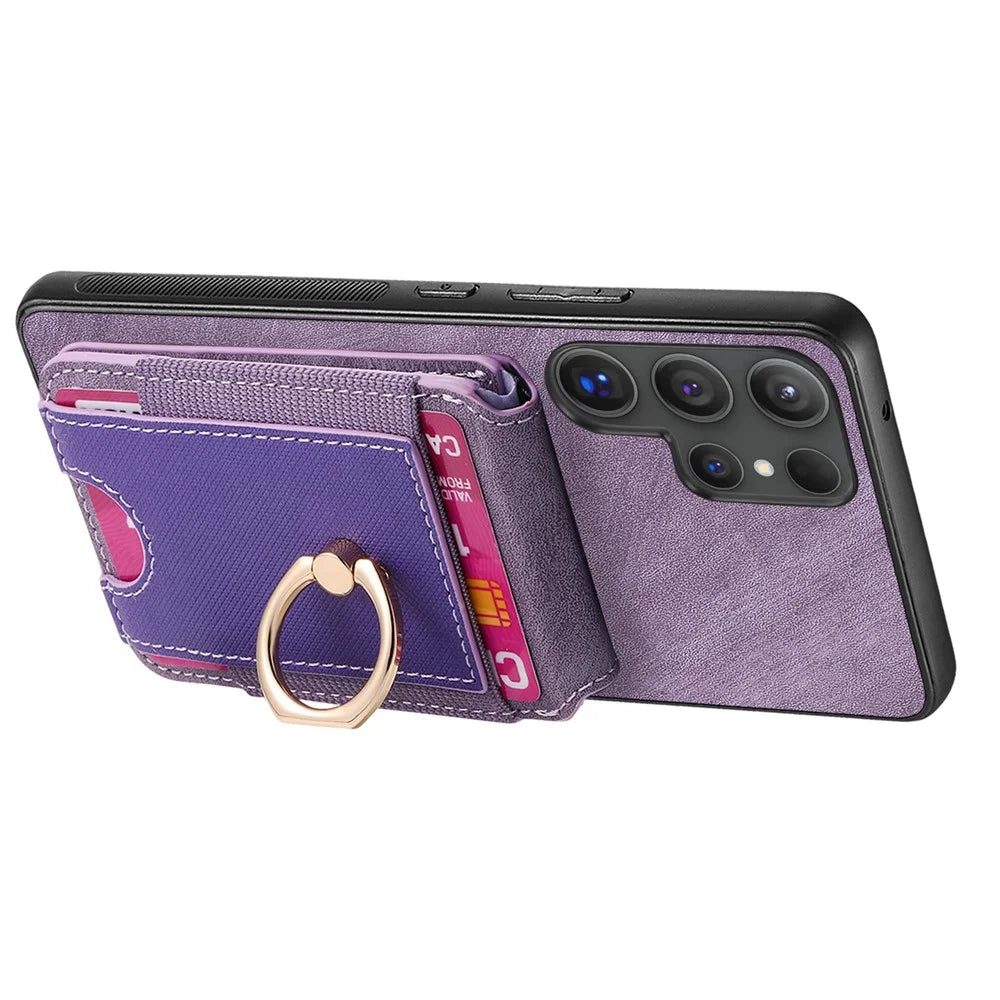 For Samsung Galaxy S26 Ultra Magnetic Case Leather Back Cover with Detachable Card Holder Kickstand - Purple - 5
