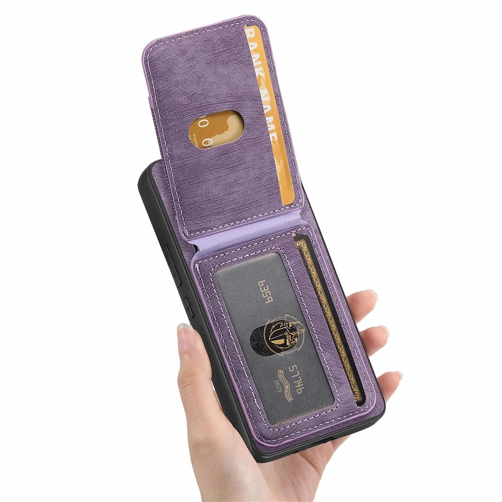 For Samsung Galaxy S26 Ultra Magnetic Case Leather Back Cover with Detachable Card Holder Kickstand - Purple - 6