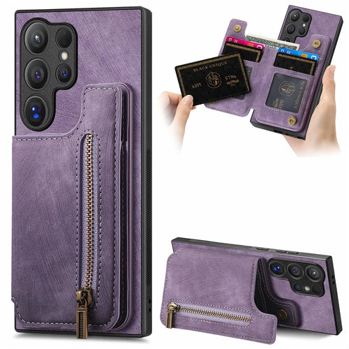For Samsung Galaxy S26 Ultra Case with Zipper Card Holder Retro Leather TPU Phone Cover - Purple - 1