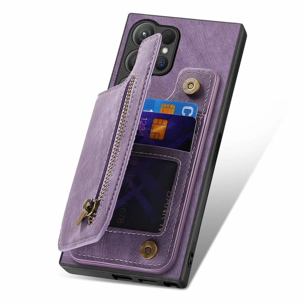 For Samsung Galaxy S26 Ultra Case with Zipper Card Holder Retro Leather TPU Phone Cover - Purple - 3