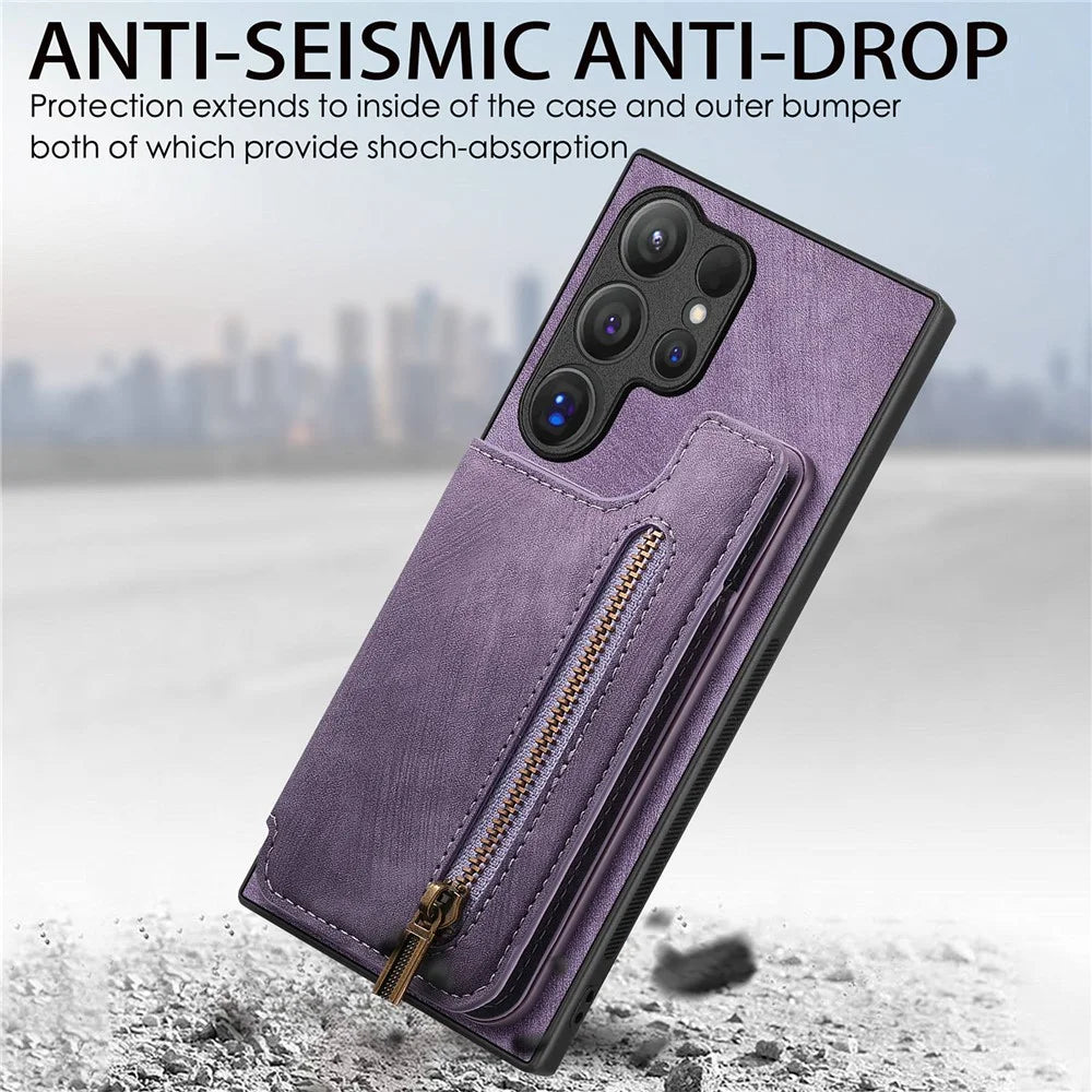 For Samsung Galaxy S26 Ultra Case with Zipper Card Holder Retro Leather TPU Phone Cover - Purple - 6