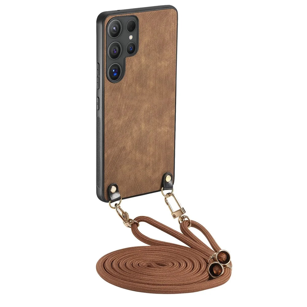 For Samsung Galaxy S26 Ultra Retro Leather Phone Back Cover with Adjustable Strap - Brown - 1