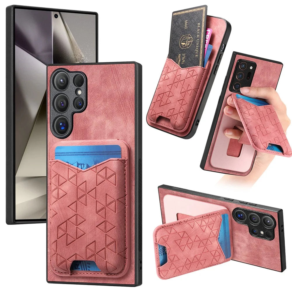 For Samsung Galaxy S26 Ultra Case Imprinted Pattern Card Holder Kickstand Leather Back Cover - Pink - 1
