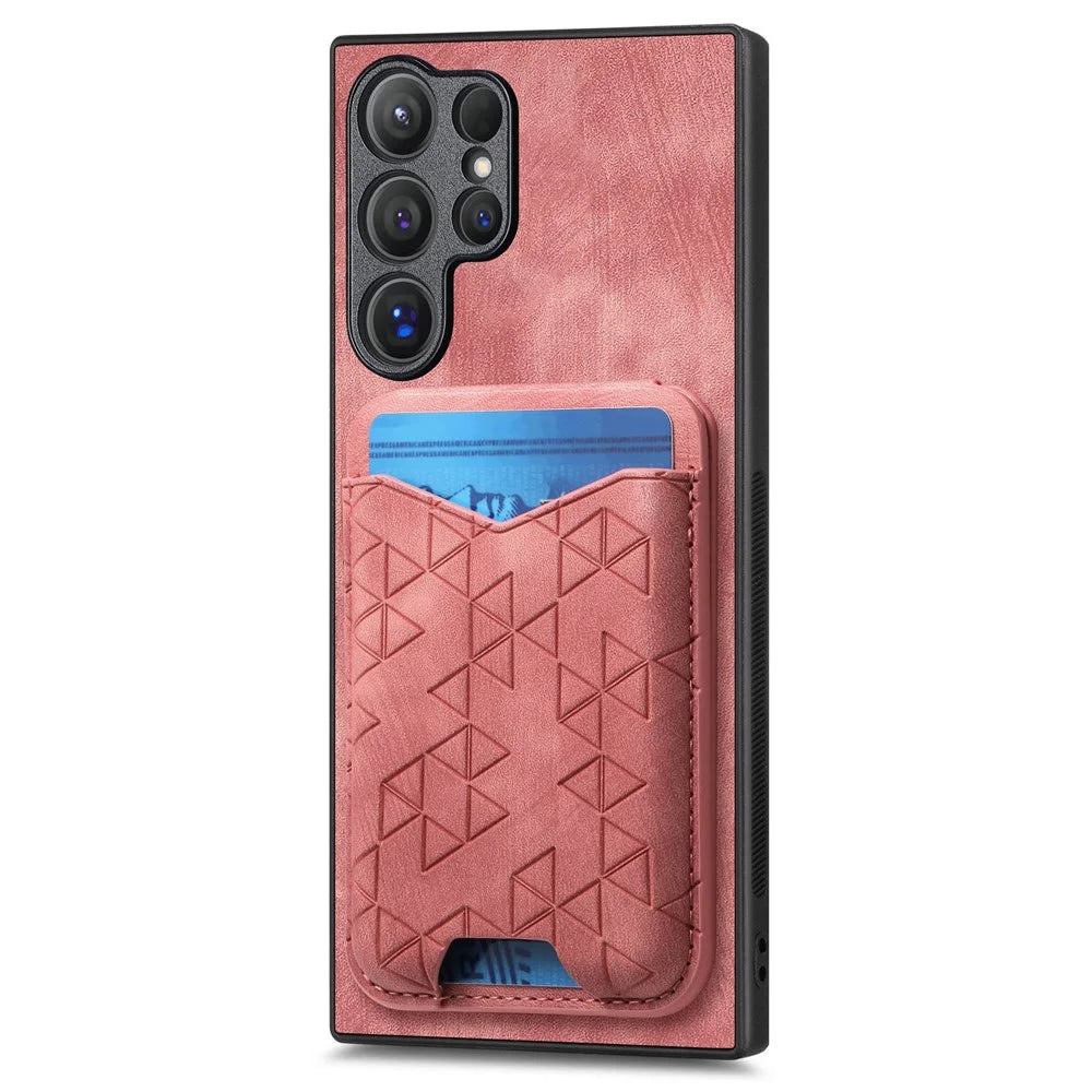 For Samsung Galaxy S26 Ultra Case Imprinted Pattern Card Holder Kickstand Leather Back Cover - Pink - 2
