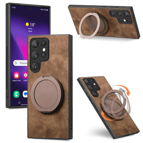 For Samsung Galaxy S26 Ultra Phone Case with Rotating Kickstand Stress Relief Retro Leather Back Cover - Brown - 1