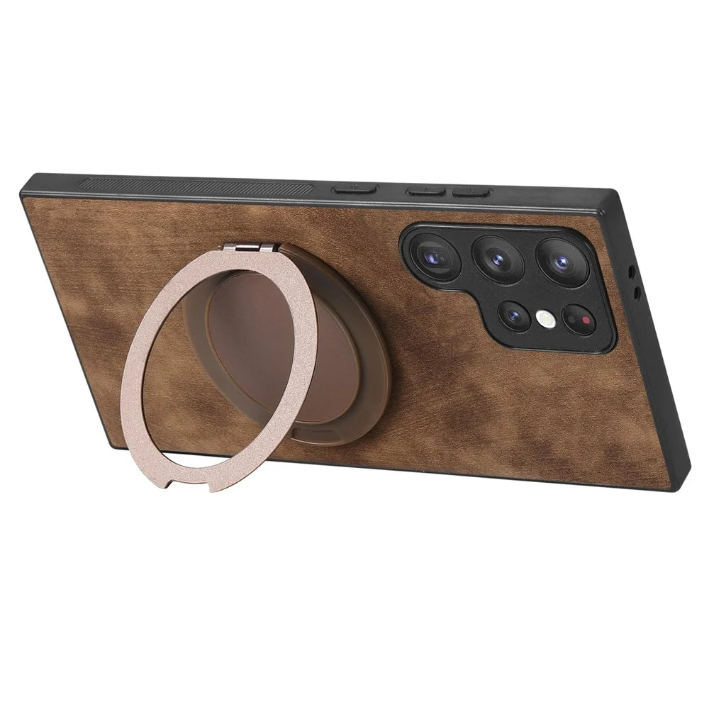 For Samsung Galaxy S26 Ultra Phone Case with Rotating Kickstand Stress Relief Retro Leather Back Cover - Brown - 3