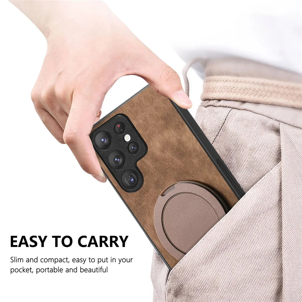 For Samsung Galaxy S26 Ultra Phone Case with Rotating Kickstand Stress Relief Retro Leather Back Cover - Brown - 7