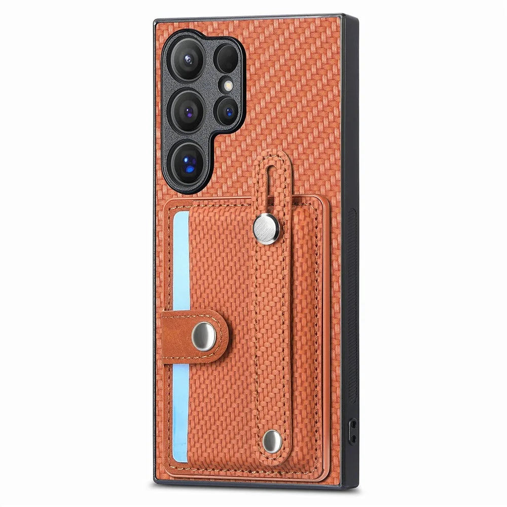 For Samsung Galaxy S26 Ultra Case Wristband Anti-Drop Leather Back Cover Card Holder - Brown - 2