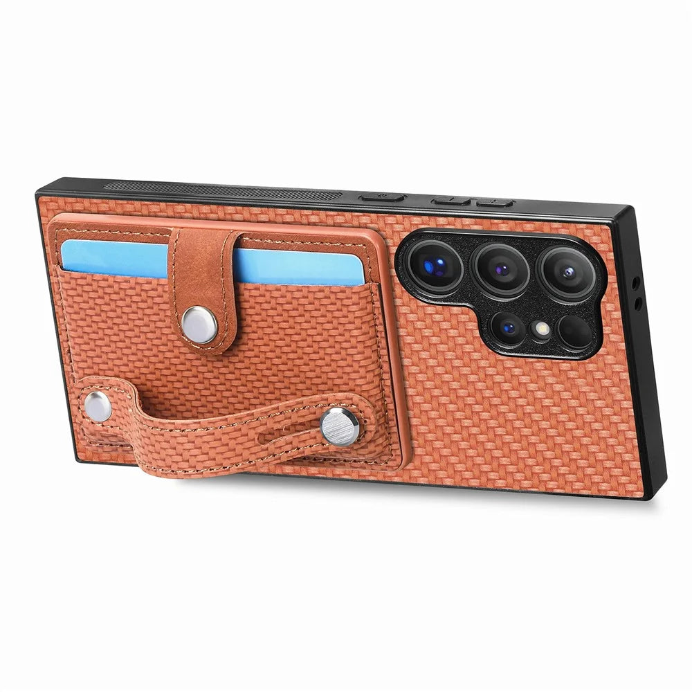 For Samsung Galaxy S26 Ultra Case Wristband Anti-Drop Leather Back Cover Card Holder - Brown - 3