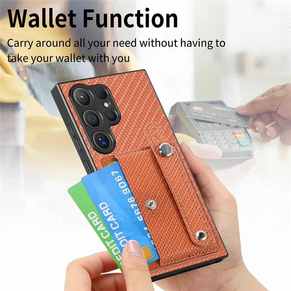 For Samsung Galaxy S26 Ultra Case Wristband Anti-Drop Leather Back Cover Card Holder - Brown - 6